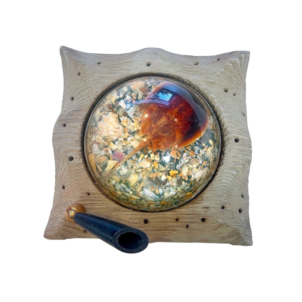 Vintage Fiddler on the Beach Horseshoe Crab Resin Paperweight Cedar Pen Holder - Picture 5 of 6